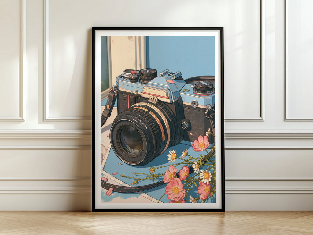 Retro Film Camera Poster, Vintage SLR Print, Pink Flowers Wall Art, Blue Aesthetic