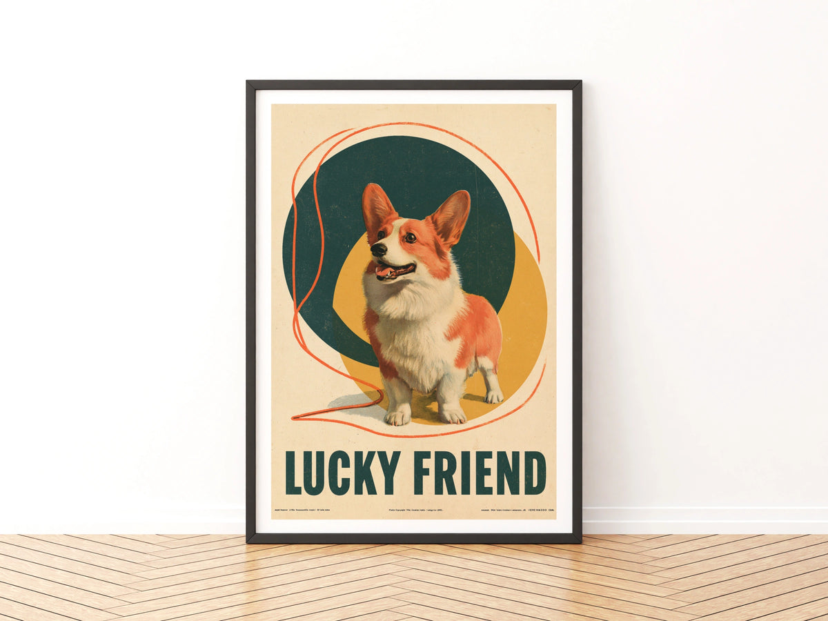 Retro Corgi Poster, Lucky Friend Dog Print, Vintage Style Pet Wall Art, Teal Gold Folk