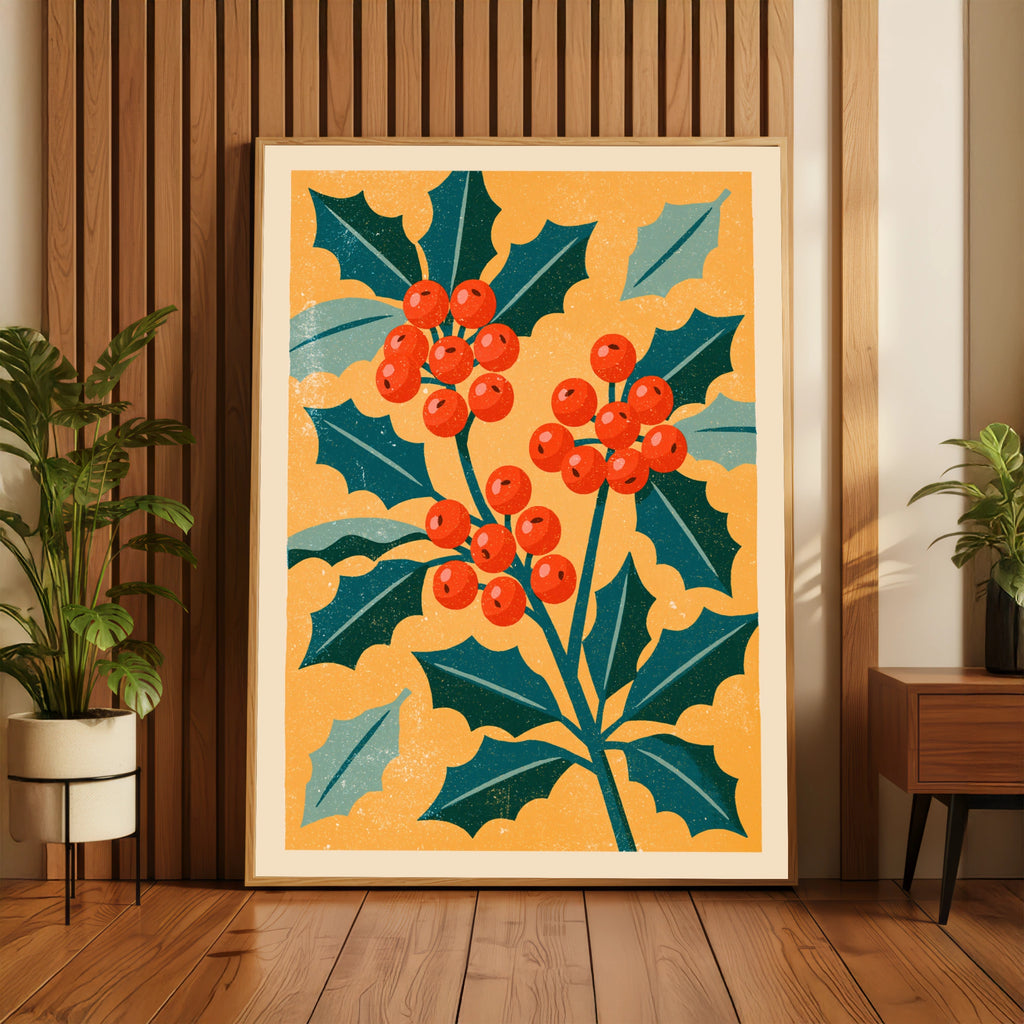 Vintage Holly Berry Poster, Retro Christmas Botanical Print, Teal Orange Festive Wall Art