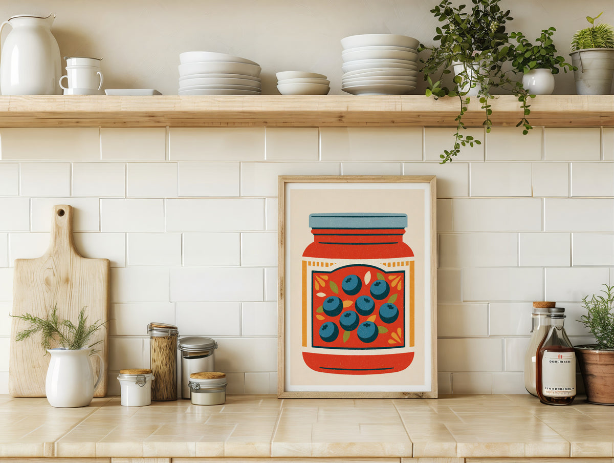 Vintage Food Poster Print | Rustic Kitchen Decor, Blueberry Jam Jar Art, Retro Fruit Illustration
