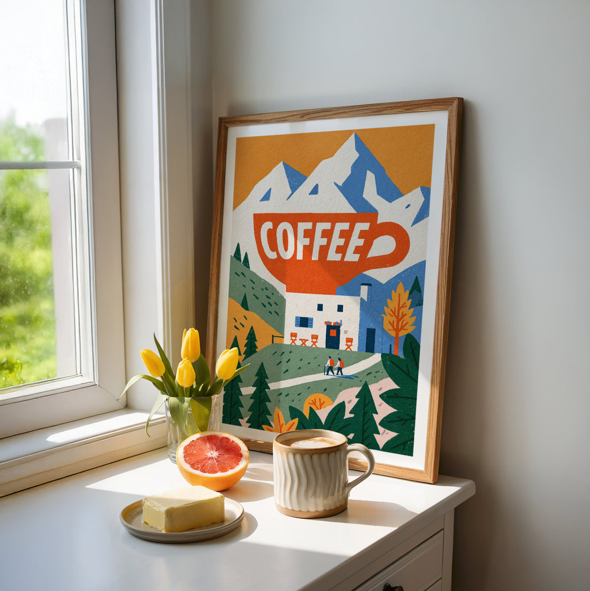 Vintage Food Poster Print, Coffee Alpine Mountain Hut Art, Rustic Kitchen Decor, Retro Mid Century