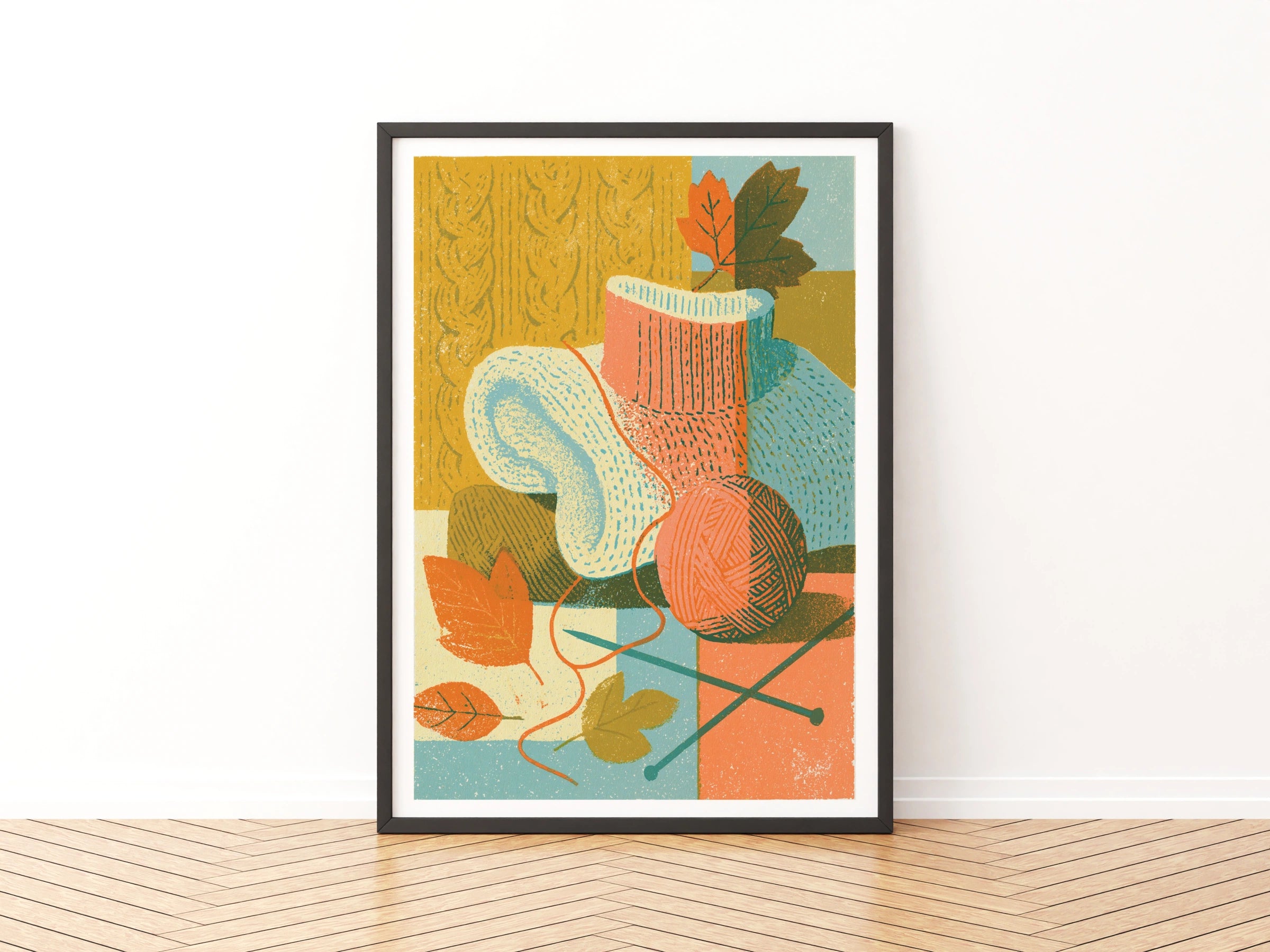 Retro Knitting Poster, Autumn Wool Art Print, Cosy Fall Craft Wall Decor, Vintage Style