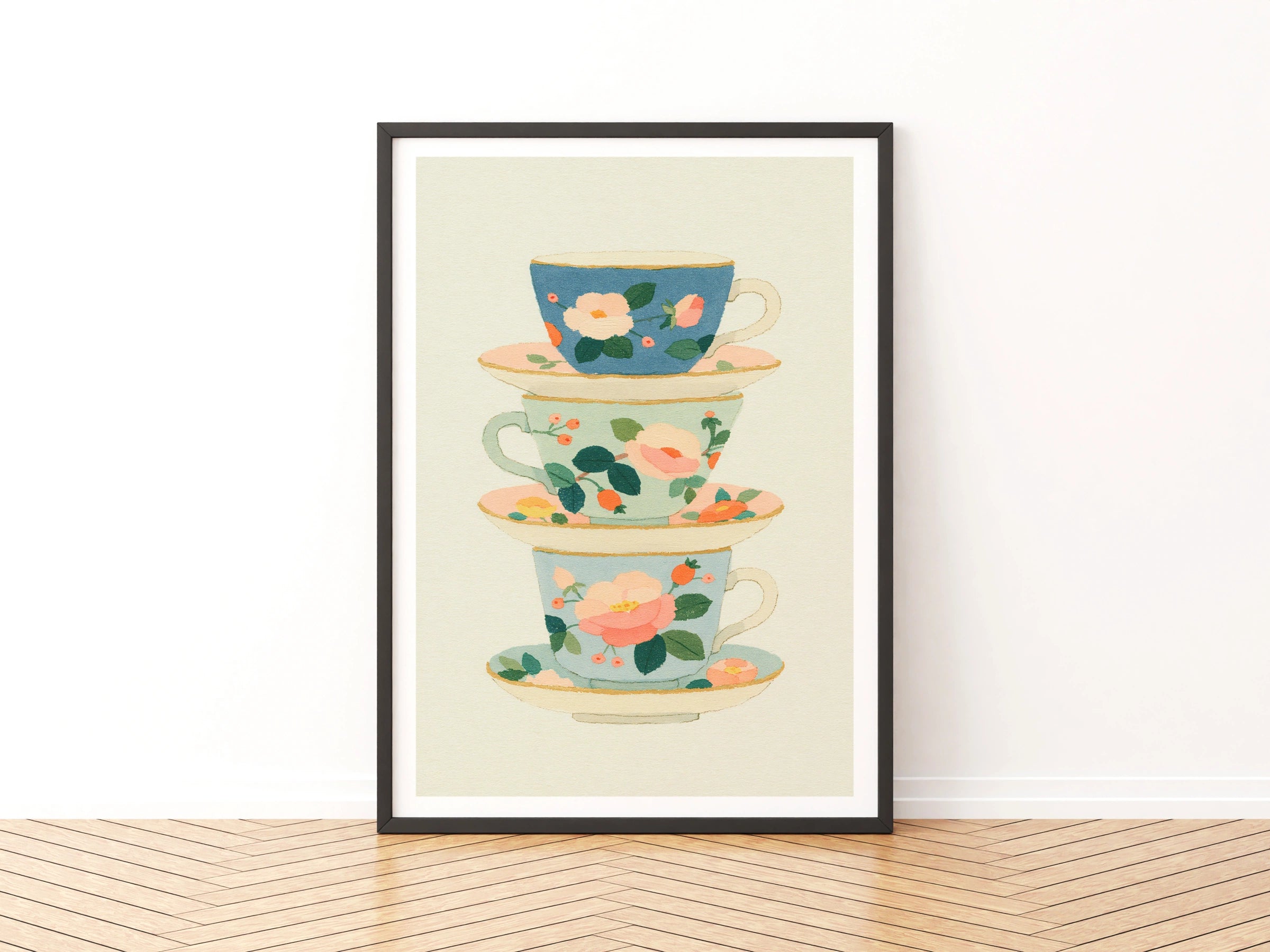 Vintage Food Poster Print, Stacked Teacups, Rustic Kitchen Decor, Floral Tea Art