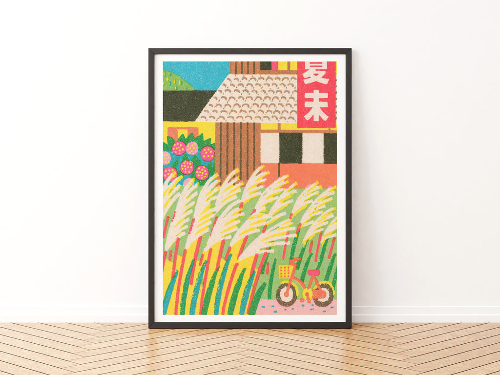 Retro Japanese Matchbox Art Print, Pampas Grass Poster, Vintage Style Bicycle Illustration Wall Art
