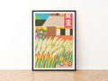 Retro Japanese Matchbox Art Print, Pampas Grass Poster, Vintage Style Bicycle Illustration Wall Art
