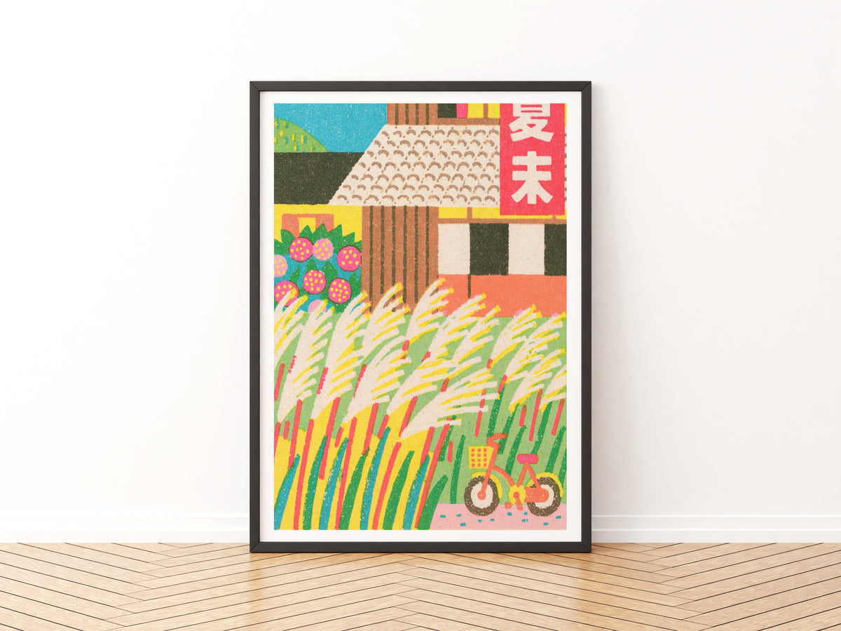 Retro Japanese Matchbox Art Print, Pampas Grass Poster, Vintage Style Bicycle Illustration Wall Art