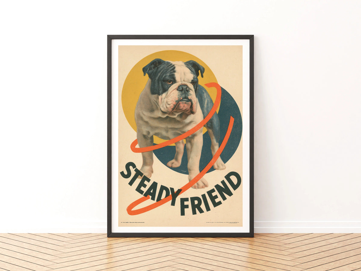 Retro Bulldog Poster, Steady Friend Vintage Dog Print, Folk Art Wall Decor Gift
