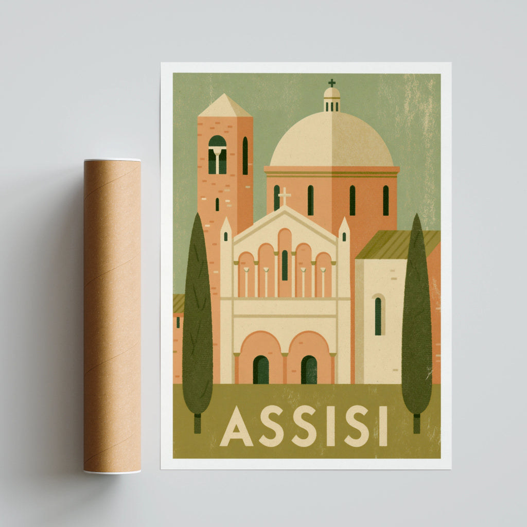 Assisi Italy Vintage Travel Poster, Retro Italian Church Print, Umbria Wall Art