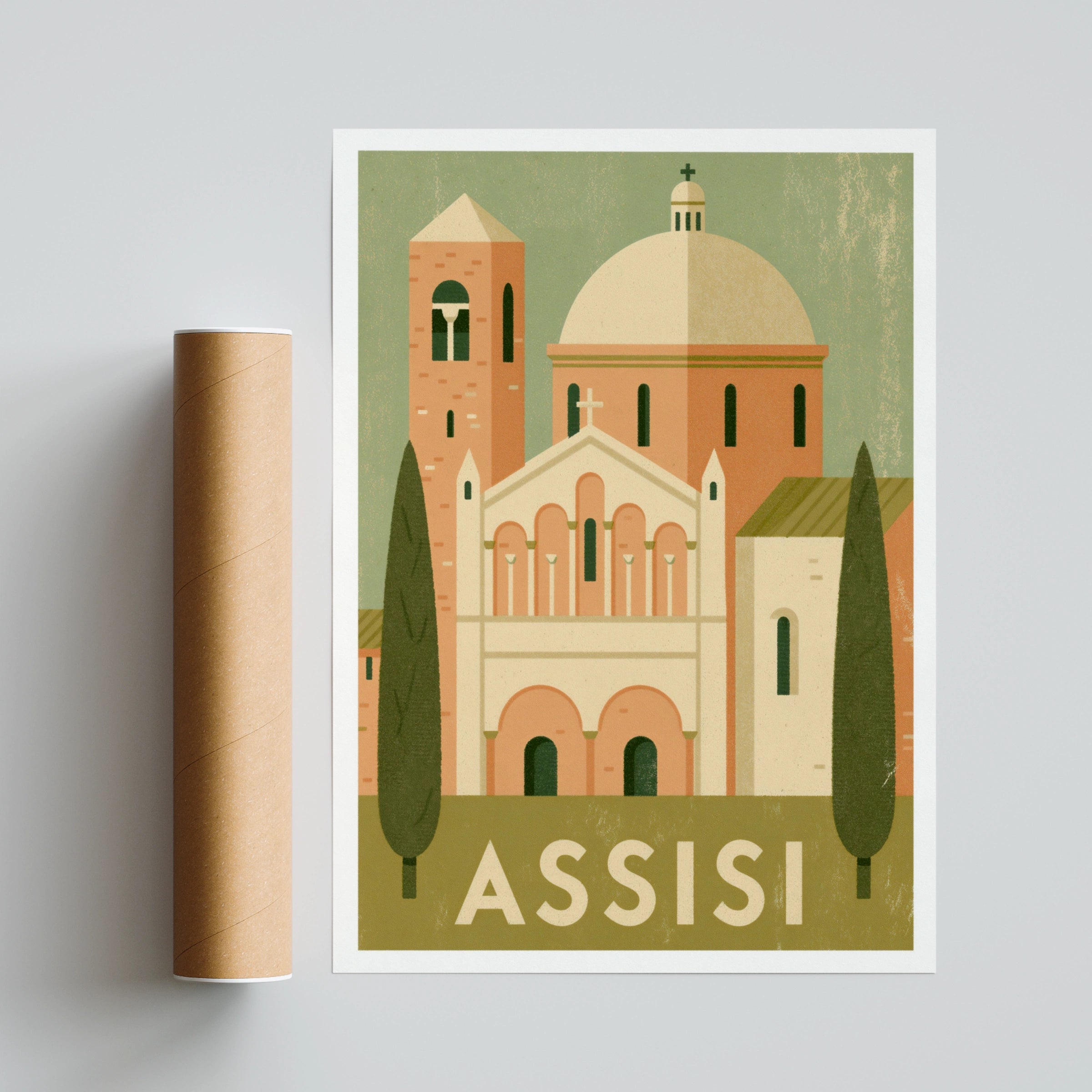 Assisi Italy Vintage Travel Poster, Retro Italian Church Print, Umbria Wall Art