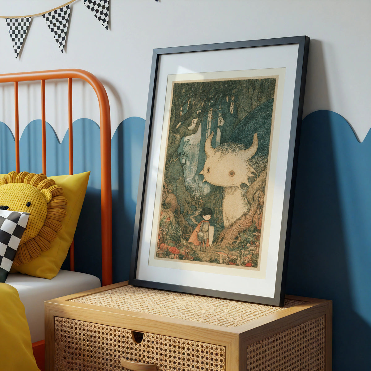 Retro Children's Print, Little Knight and Forest Monster, Fairytale Kids Wall Art Collectable