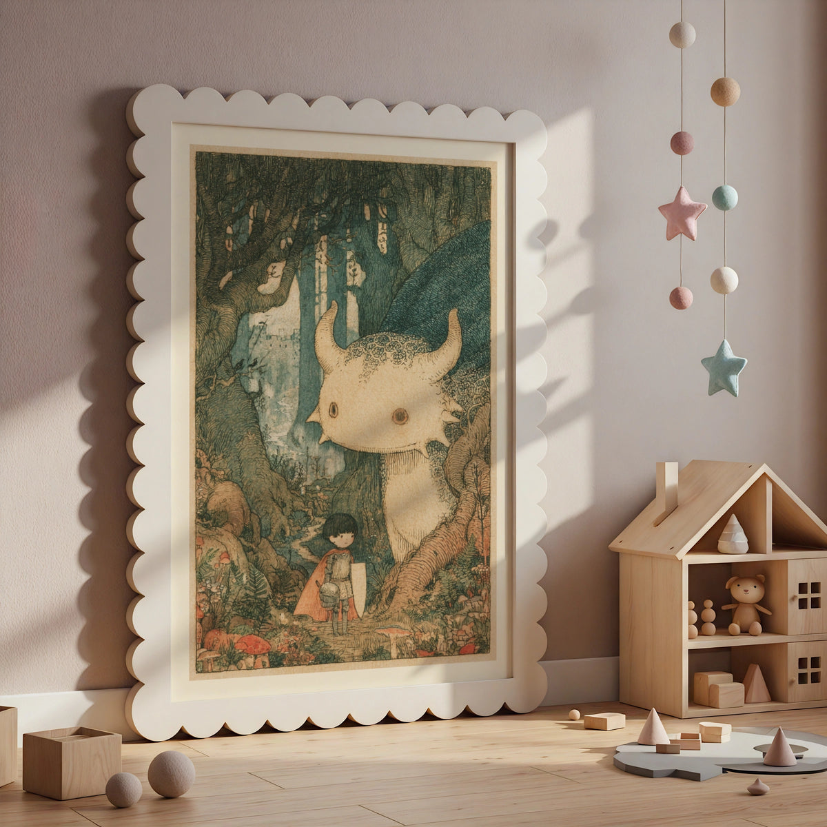 Retro Children's Print, Little Knight and Forest Monster, Fairytale Kids Wall Art Collectable