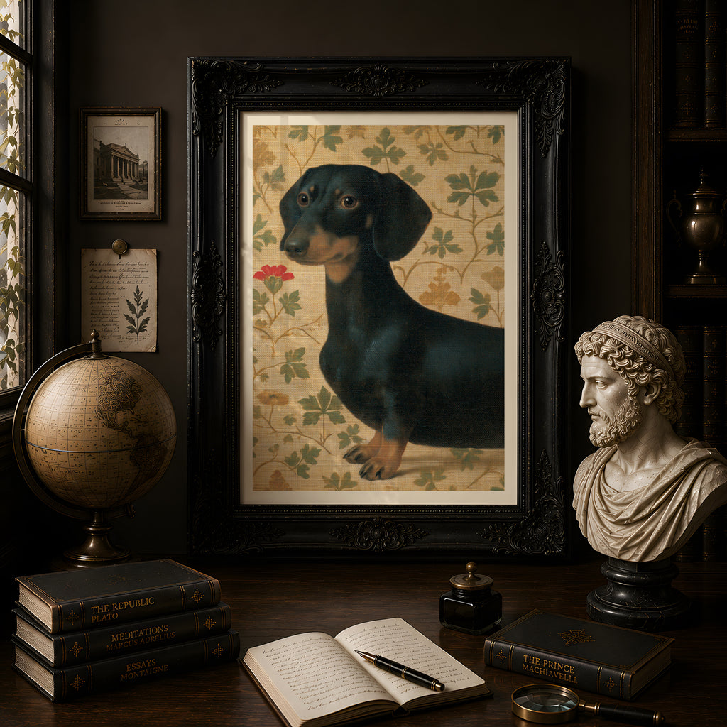 Vintage Dachshund Print, Black and Tan Sausage Dog Poster, Botanical Leaf Wallpaper, Dog Lover Wall