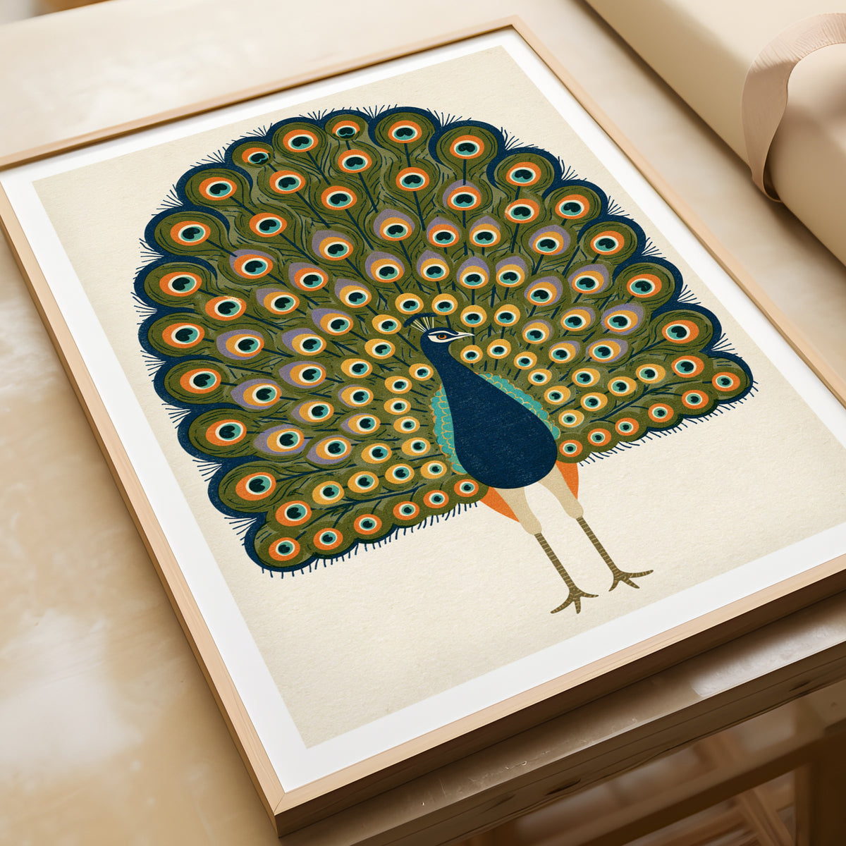 Vintage Peacock Print, Retro Bird Wall Art, Mid Century Poster, Colourful Feather Illustration
