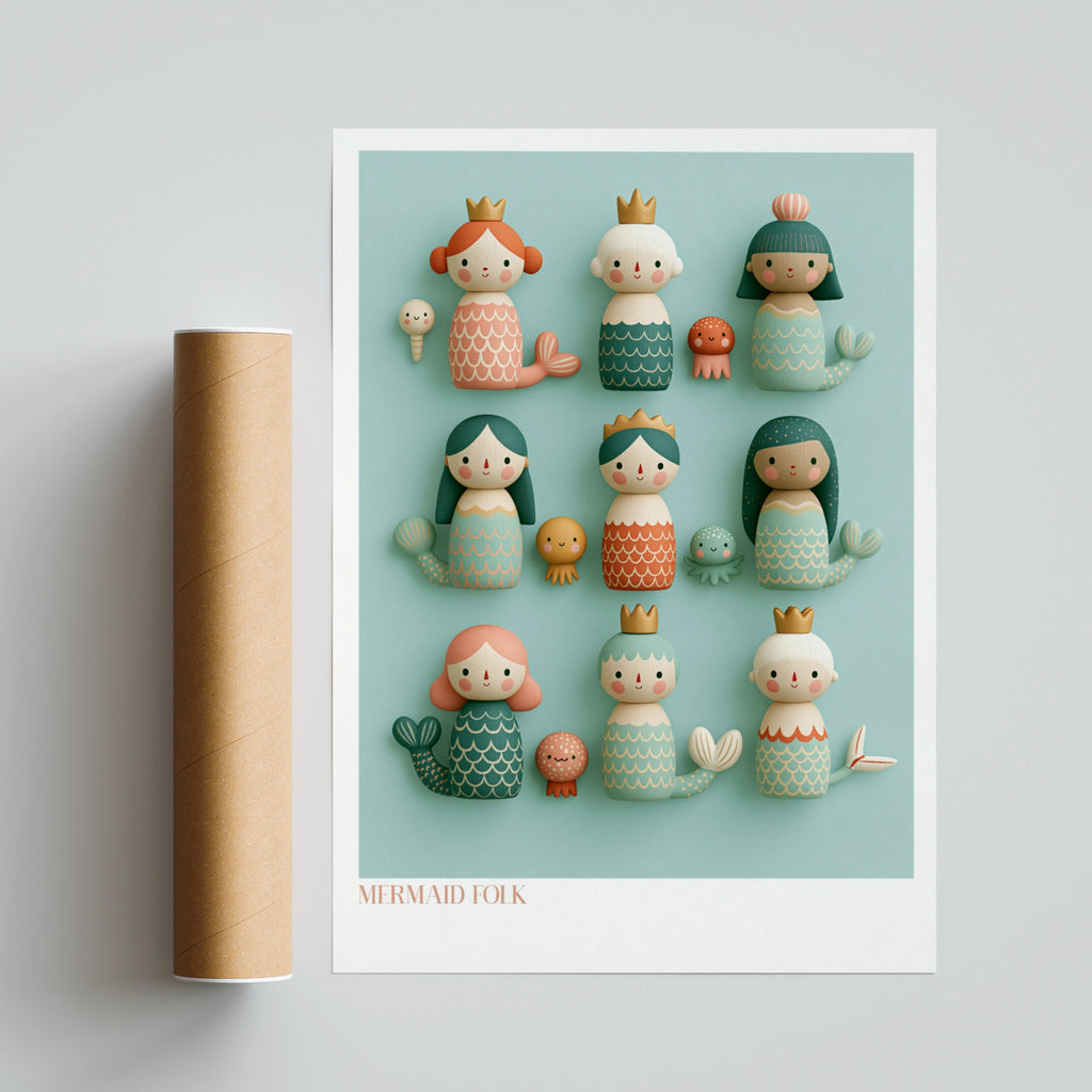 Mermaid Folk Art Print, Retro Children's Poster, Cute Wooden Toy Collectables Wall Art