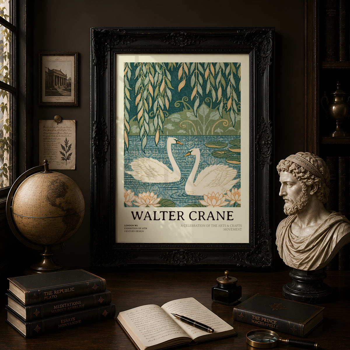 Walter Crane Swans Print, Arts and Crafts Wall Art, Willow Tree Lily Pond, Vintage Nature Poster