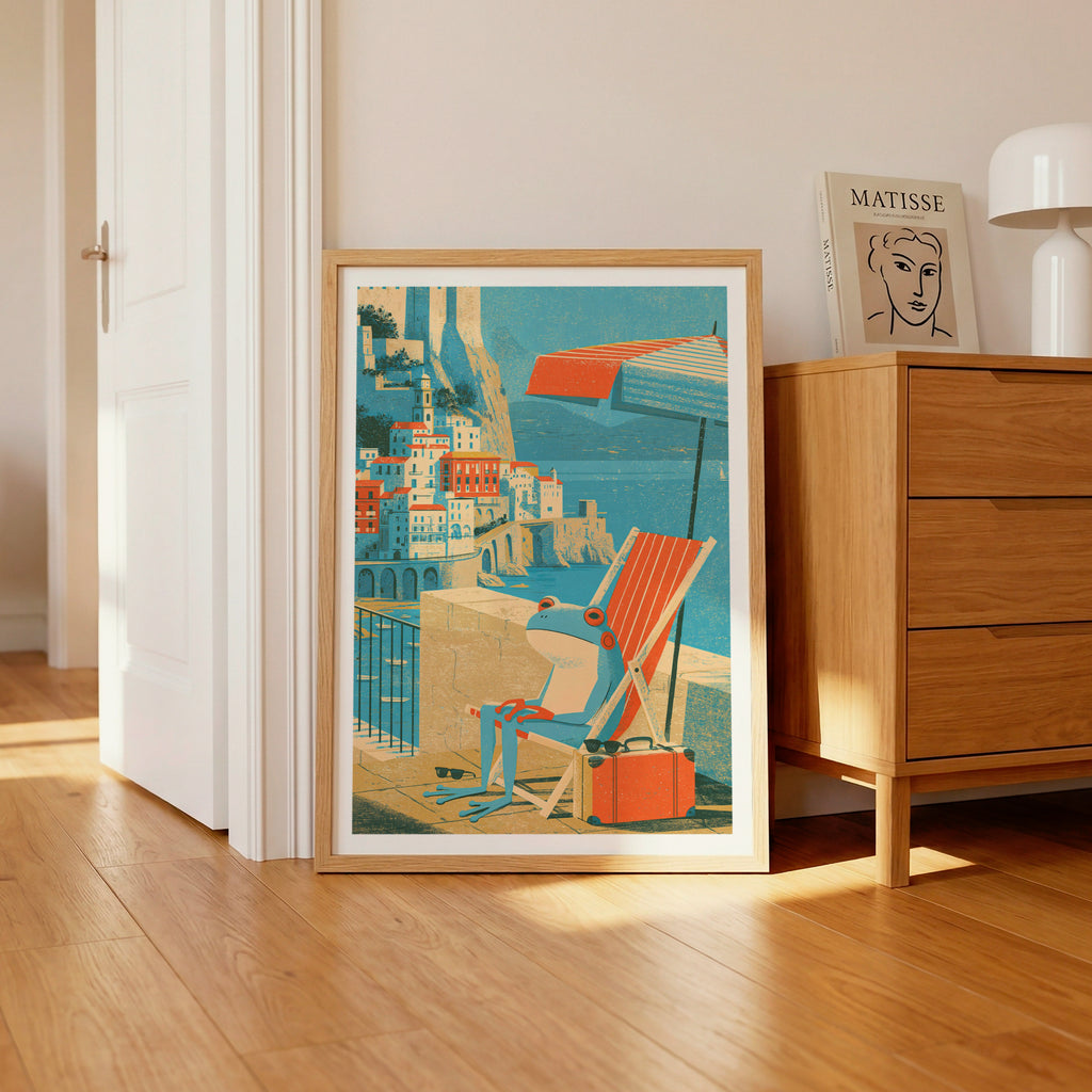 Contemporary Amalfi Coast Frog Print, Whimsical Italy Travel Art, Deckchair Seaside Wall Decor
