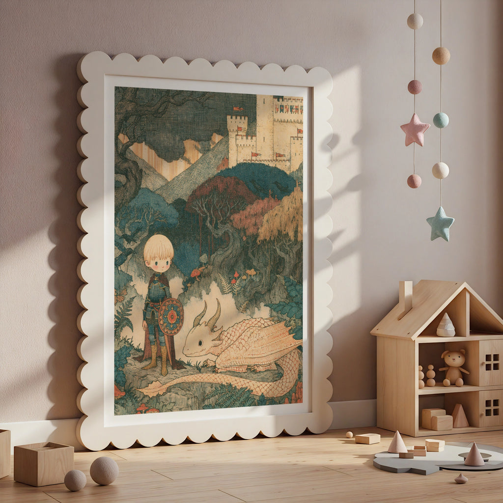 Retro Children's Print, Boy Knight Dragon Castle, Fantasy Kids Wall Art Poster