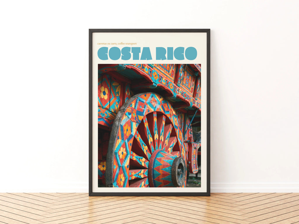 Costa Rica Travel Poster, Retro Ox Cart Print, Colourful Carreta Wall Art Decor