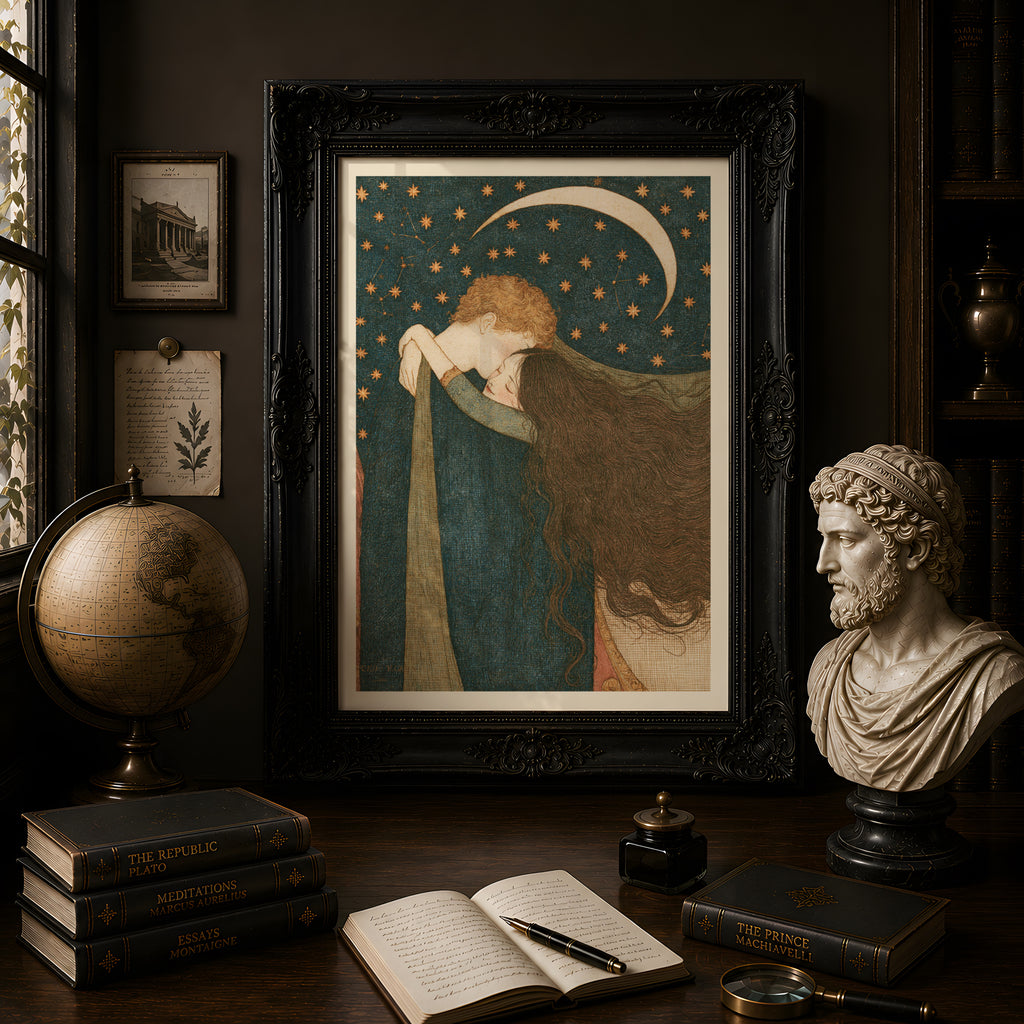 Celestial Lovers Wall Art, Crescent Moon and Stars Print, Romantic Vintage Poster, Bedroom Decor