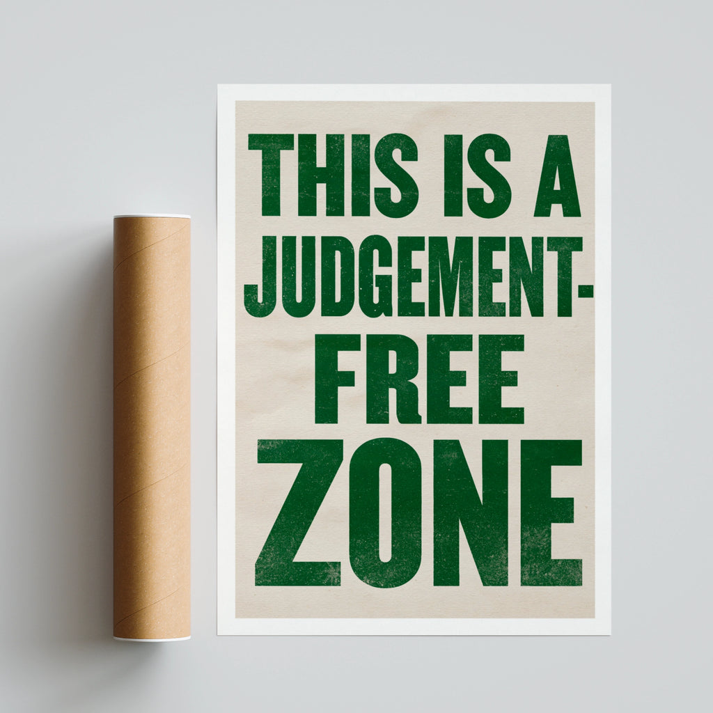 Judgement Free Zone Typography Print, Bold Green Quote Poster, Fun Office Wall Art