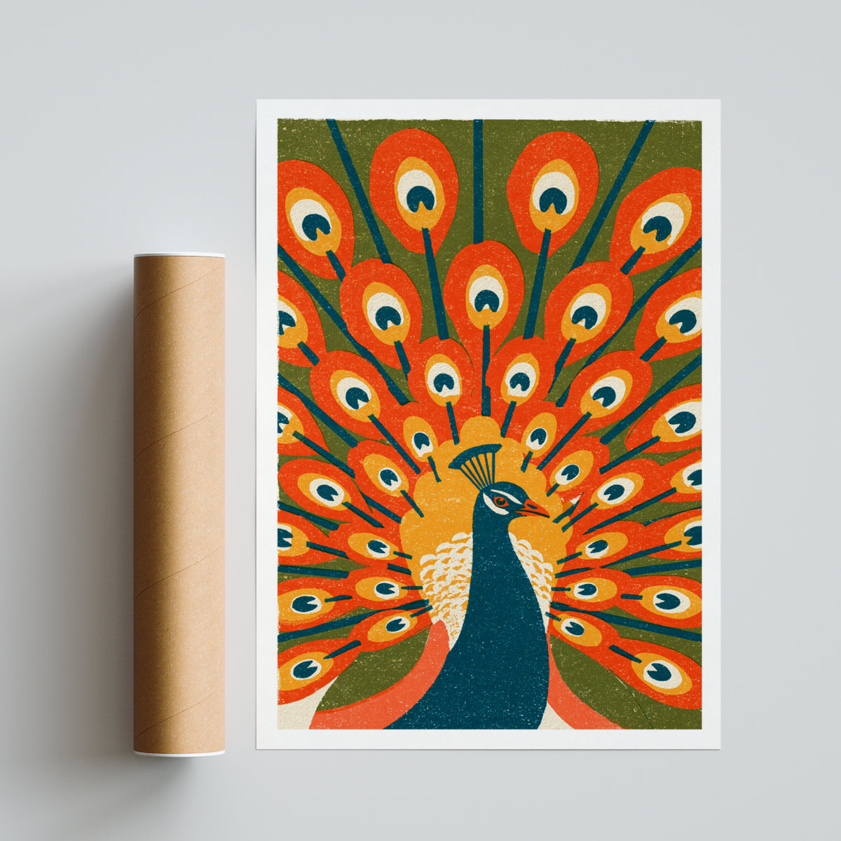 Retro Peacock Wall Art, Vintage Bird Poster, Mid Century Animal Print, Bold Orange Feather Decor