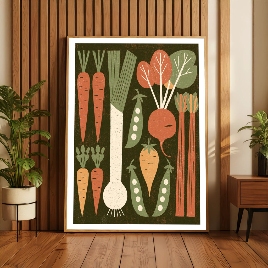 Vintage Food Poster Print, Rustic Kitchen Decor, Retro Mid Century Risograph Vegetable Art