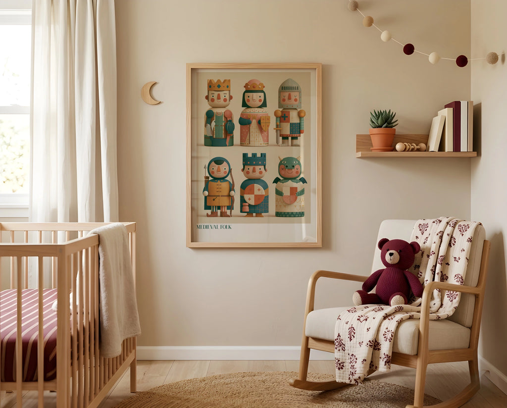 Medieval Folk Kids Wall Art, Retro Children's Print, Knight King Dragon Nursery Poster