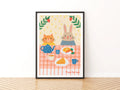 Time for Tea Retro Children's Print, Cat Rabbit Tea Party Poster, Kids Wall Art