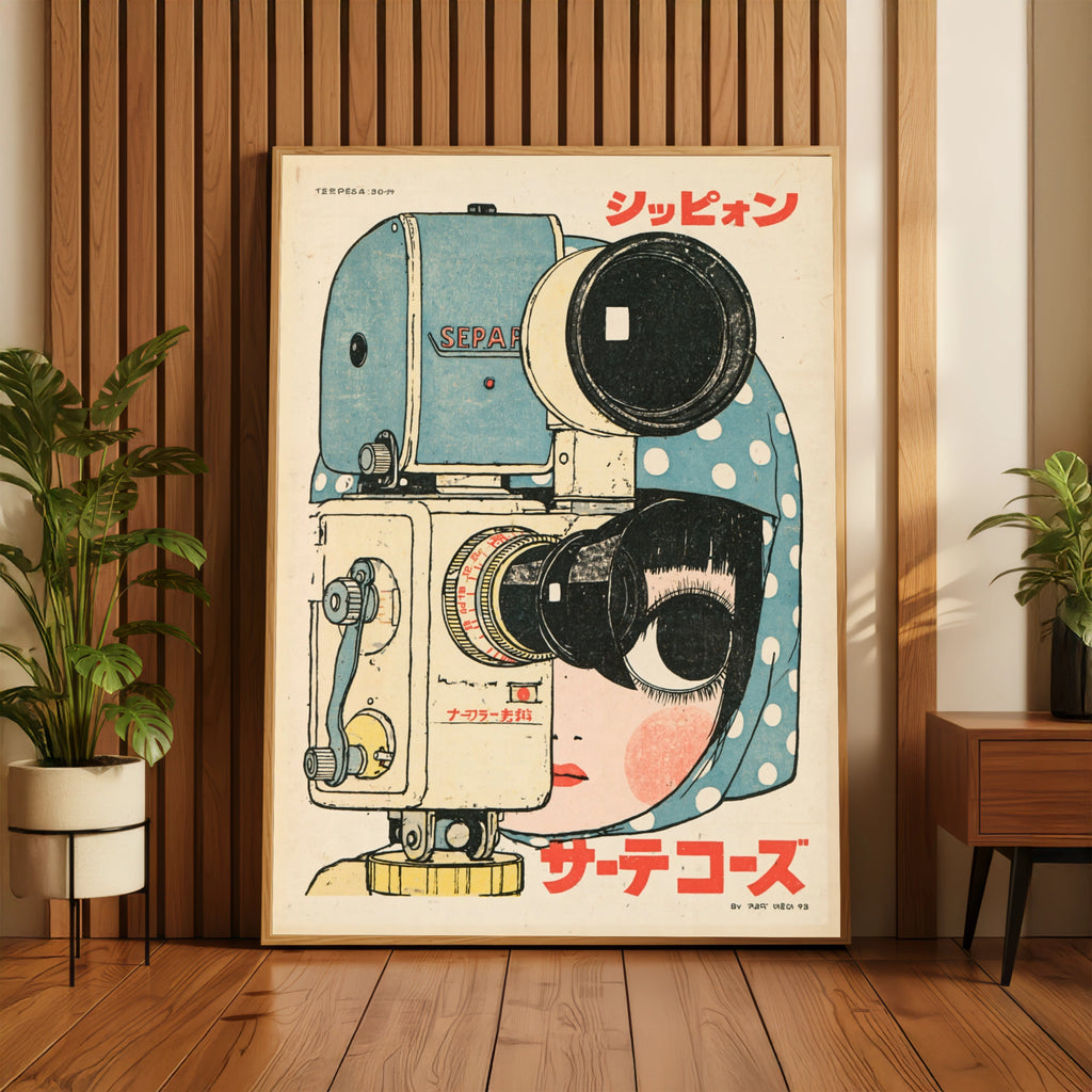 Japanese Retro Camera Girl Poster, Vintage Manga Style Wall Art, Polka Dot Print