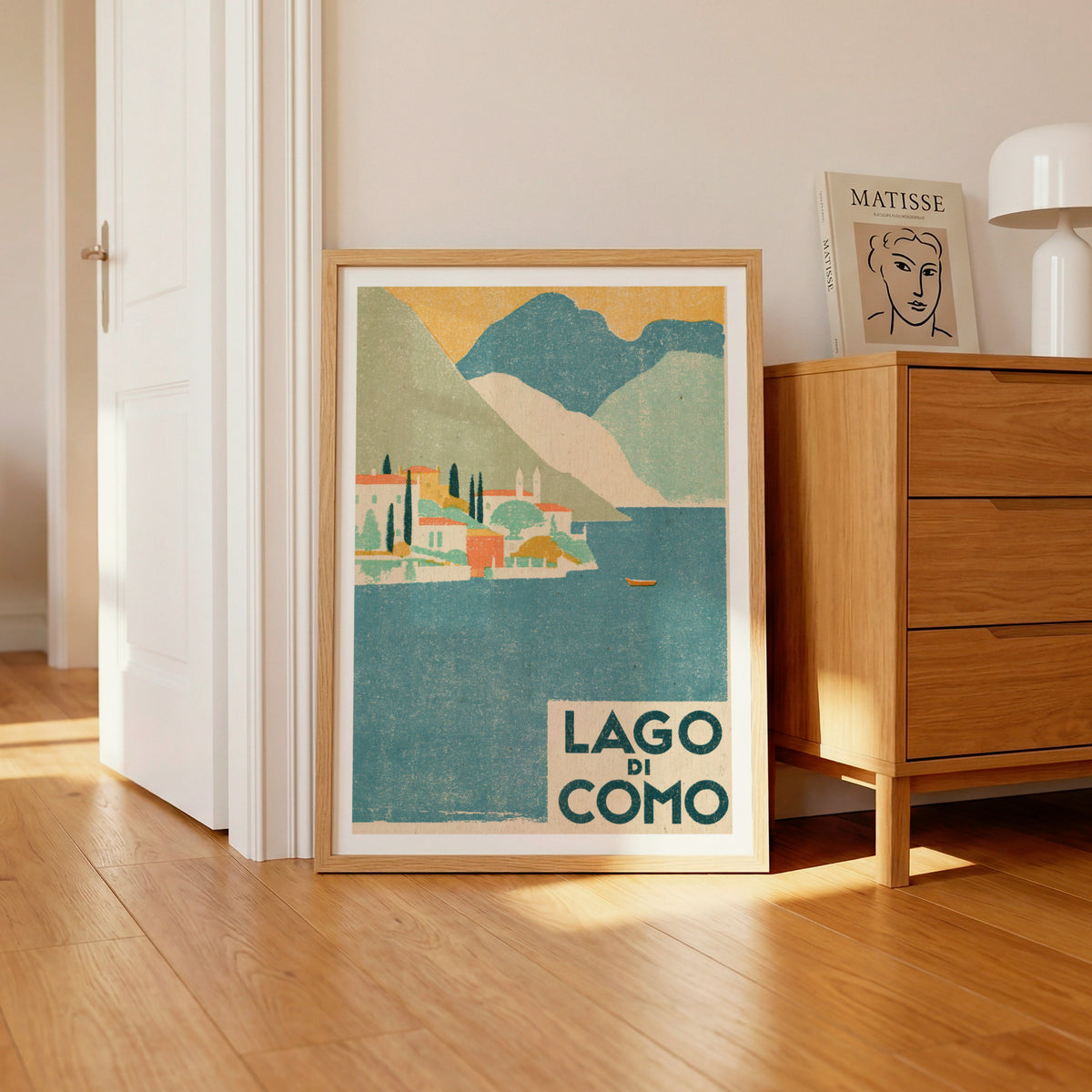 Lago di Como Retro Travel Poster, Vintage Travel Italy Lake Print, Italian Lakeside Village Wall Art