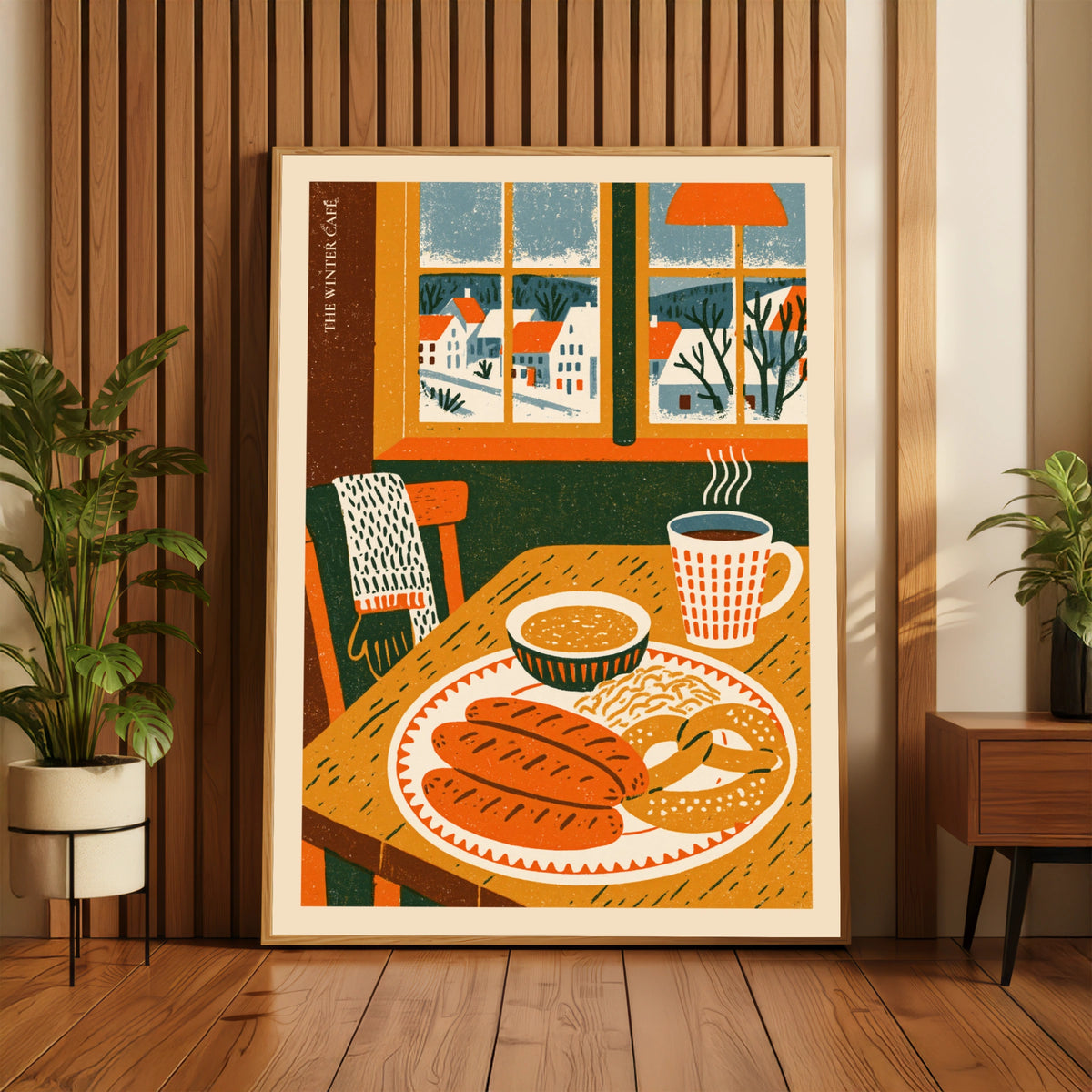Vintage Food Poster Print, Winter Cafe, Rustic Kitchen Decor, Retro Mid Century Risograph Art