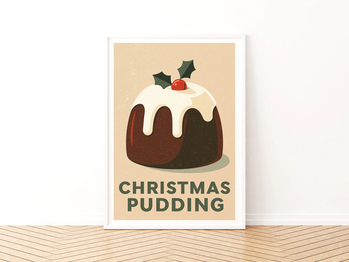 Christmas Pudding Vintage Food Poster Print | Rustic Kitchen Decor | Retro Mid Century Risograph