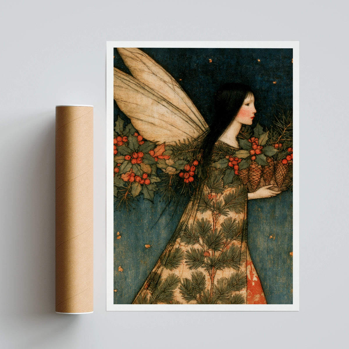 Winter Fairy Art Print, Christmas Folk Poster, Holly Berry Pine Cone Classic Inspired Wall Art