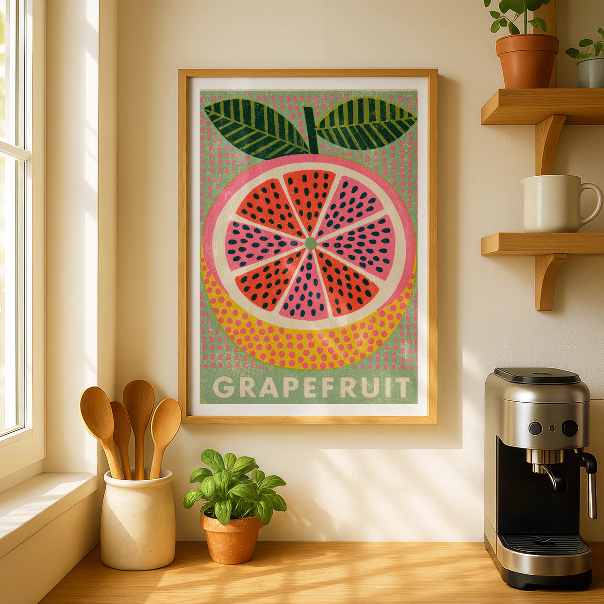 Grapefruit Vintage Food Poster Print | Rustic Kitchen Decor | Retro Mid Century Risograph Art