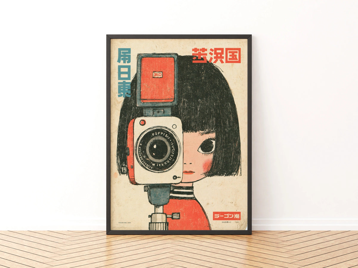 Vintage Japanese Camera Girl Poster, Retro Kawaii Wall Art, Mid Century Print