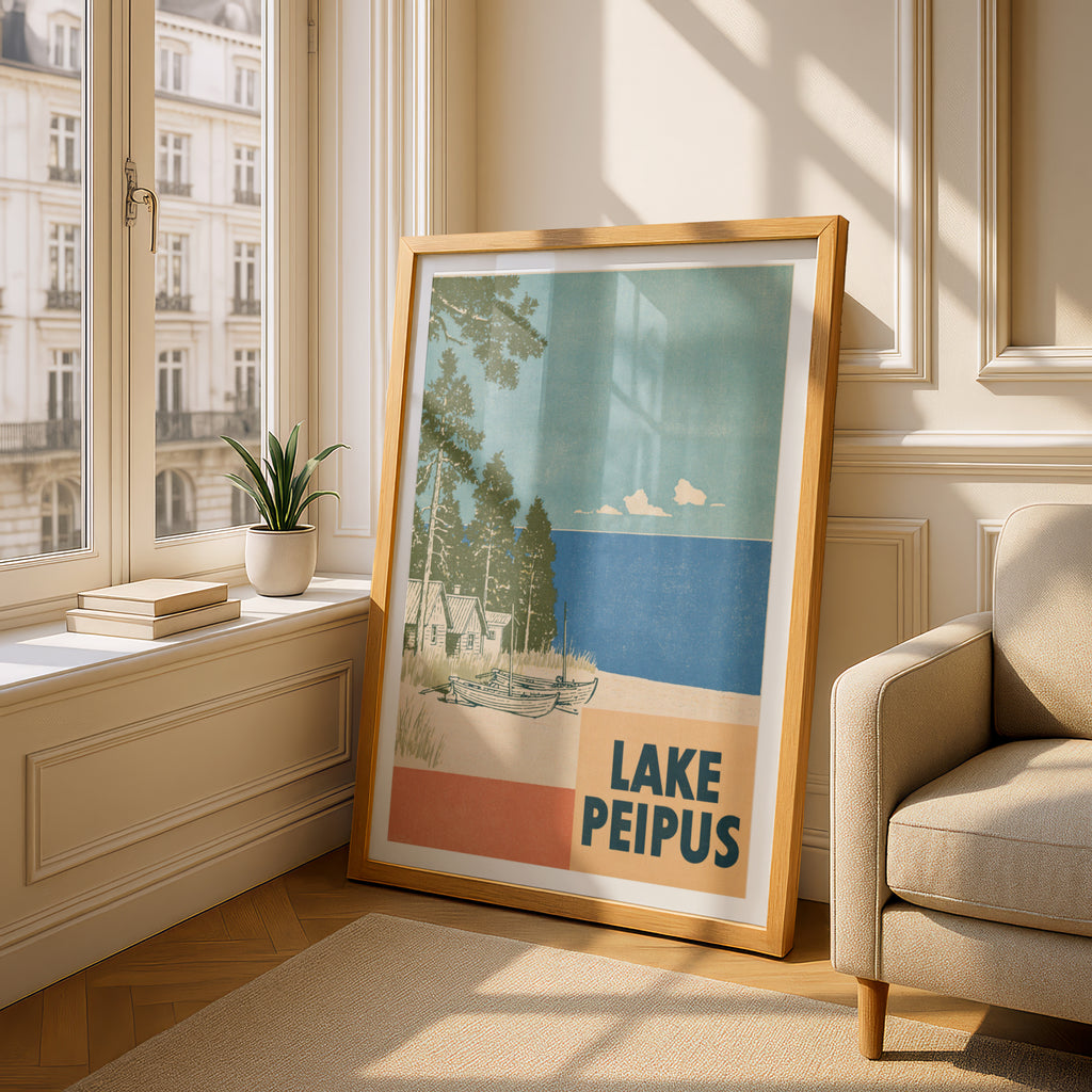 Lake Peipus Print, Retro Estonia Travel Poster, Vintage Travel Wall Art, Baltic Lakeside Beach Boats