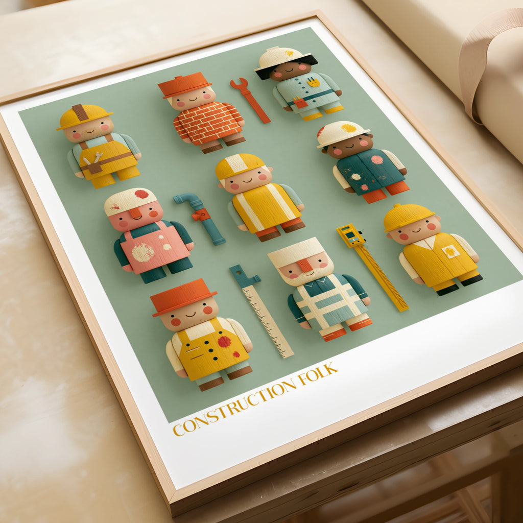 Construction Folk Kids Wall Art, Retro Wooden Toy Characters Print, Children's Bedroom Poster