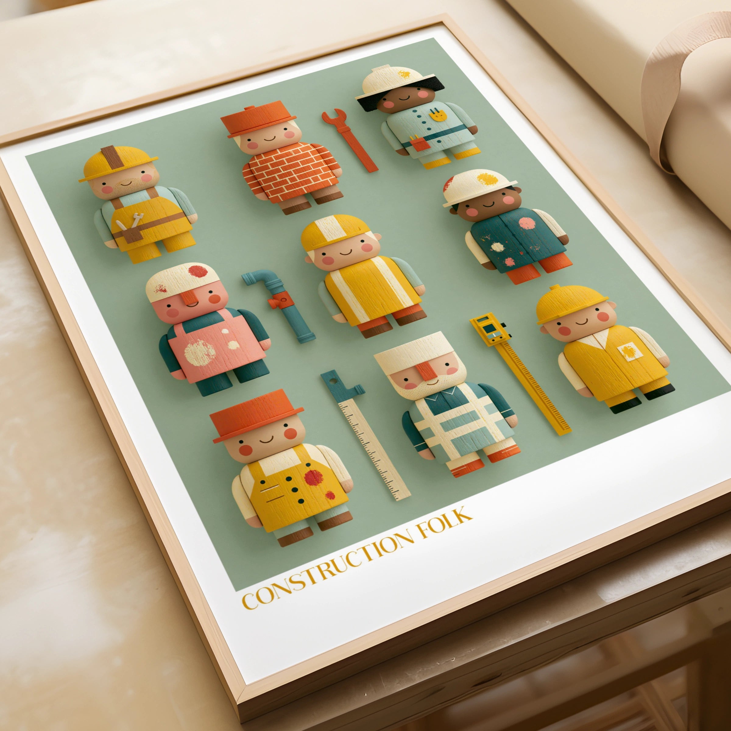 Construction Folk Kids Wall Art, Retro Wooden Toy Characters Print, Children's Bedroom Poster