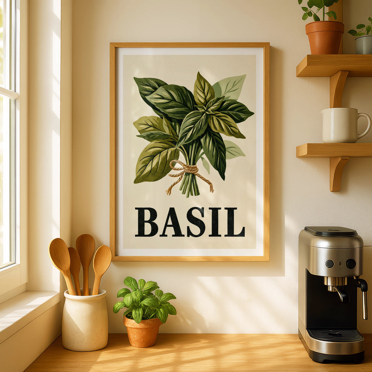 Basil Herb Vintage Food Poster Print | Rustic Kitchen Decor | Retro Mid Century Risograph Art