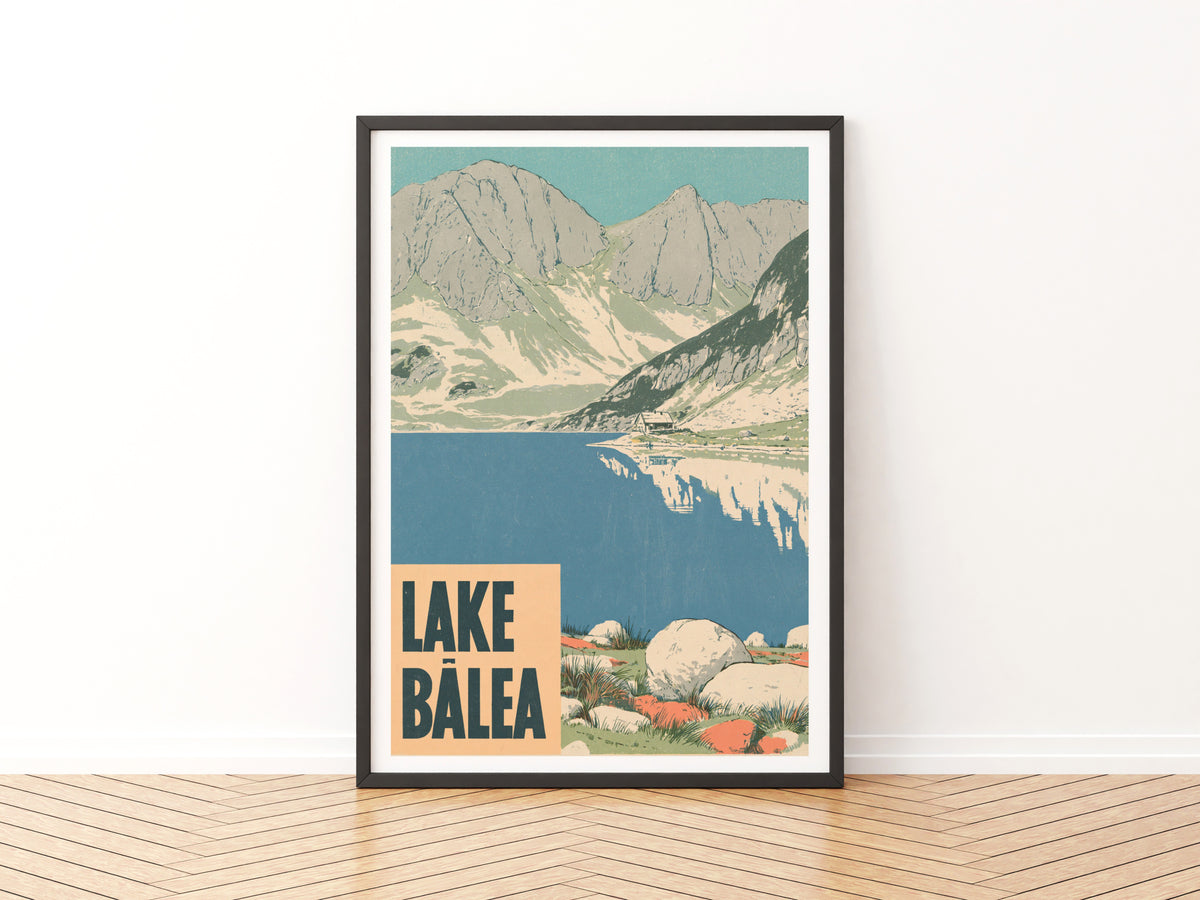 Retro Lake Balea Print, Vintage Travel Poster, Romania Carpathian Mountains Wall Art, Alpine