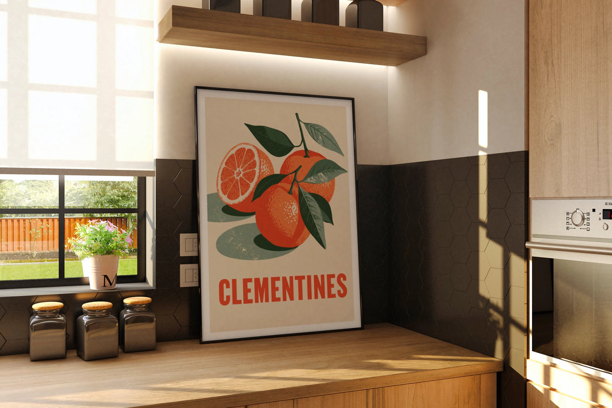 Clementines Vintage Food Poster Print | Rustic Kitchen Decor | Retro Mid Century Risograph Art