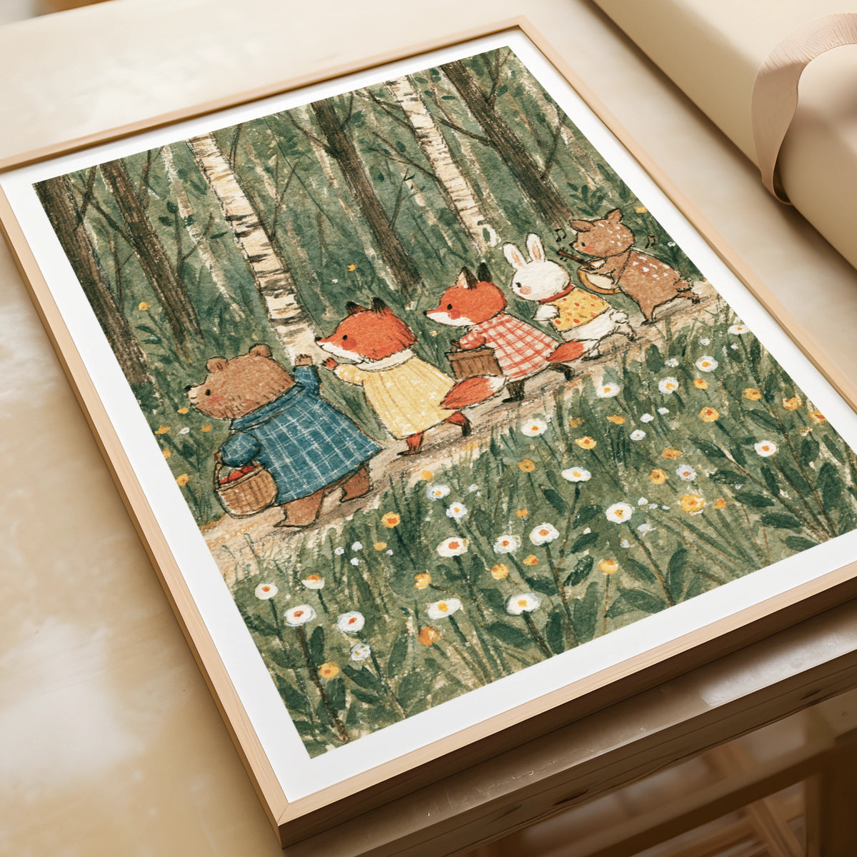 Woodland Animal Friends Forest Walk Print, Retro Unisex Children', Nursery Wall Art