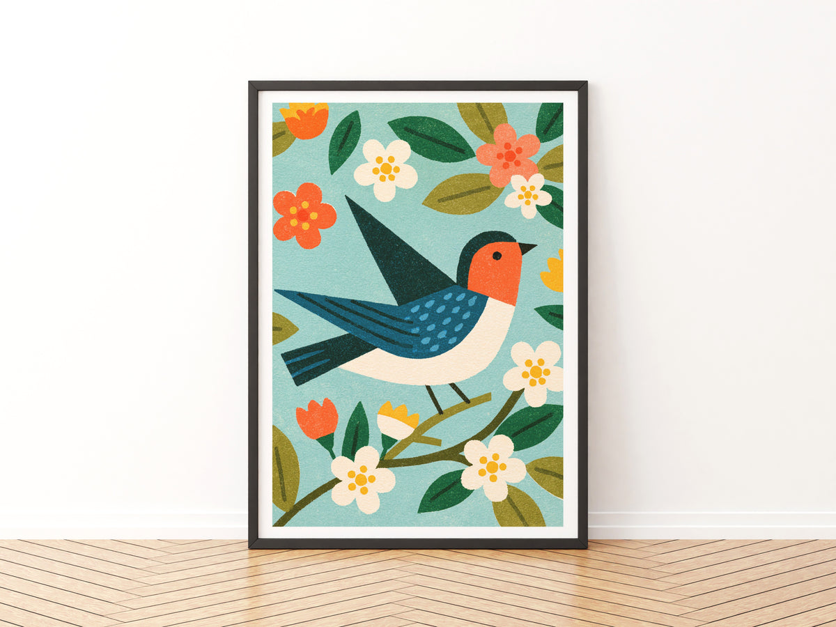 Retro Swallow Bird Print, Vintage Mid Century Floral Poster, Blossom Wall Art, Nursery Nature Decor