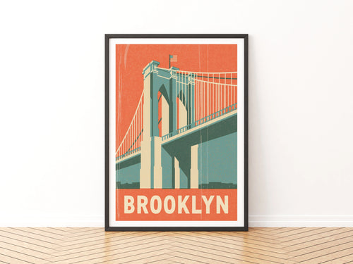 Brooklyn Bridge Retro Travel Poster, New York City Wall Art Print, NYC Vintage