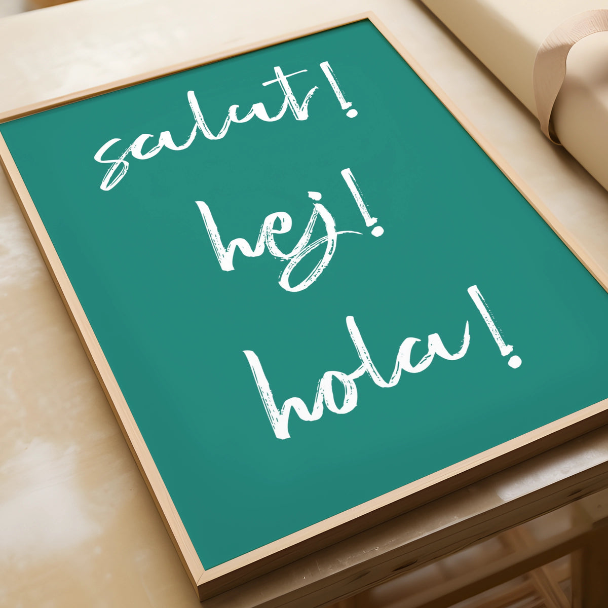 Salut Hej Hola Typography Print, Multilingual Hello Poster, Teal Word Wall Art