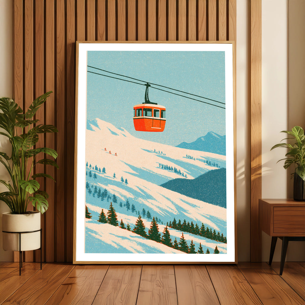 Retro Ski Gondola Poster, Vintage Mountain Cable Car Print, Alpine Wall Art Gift