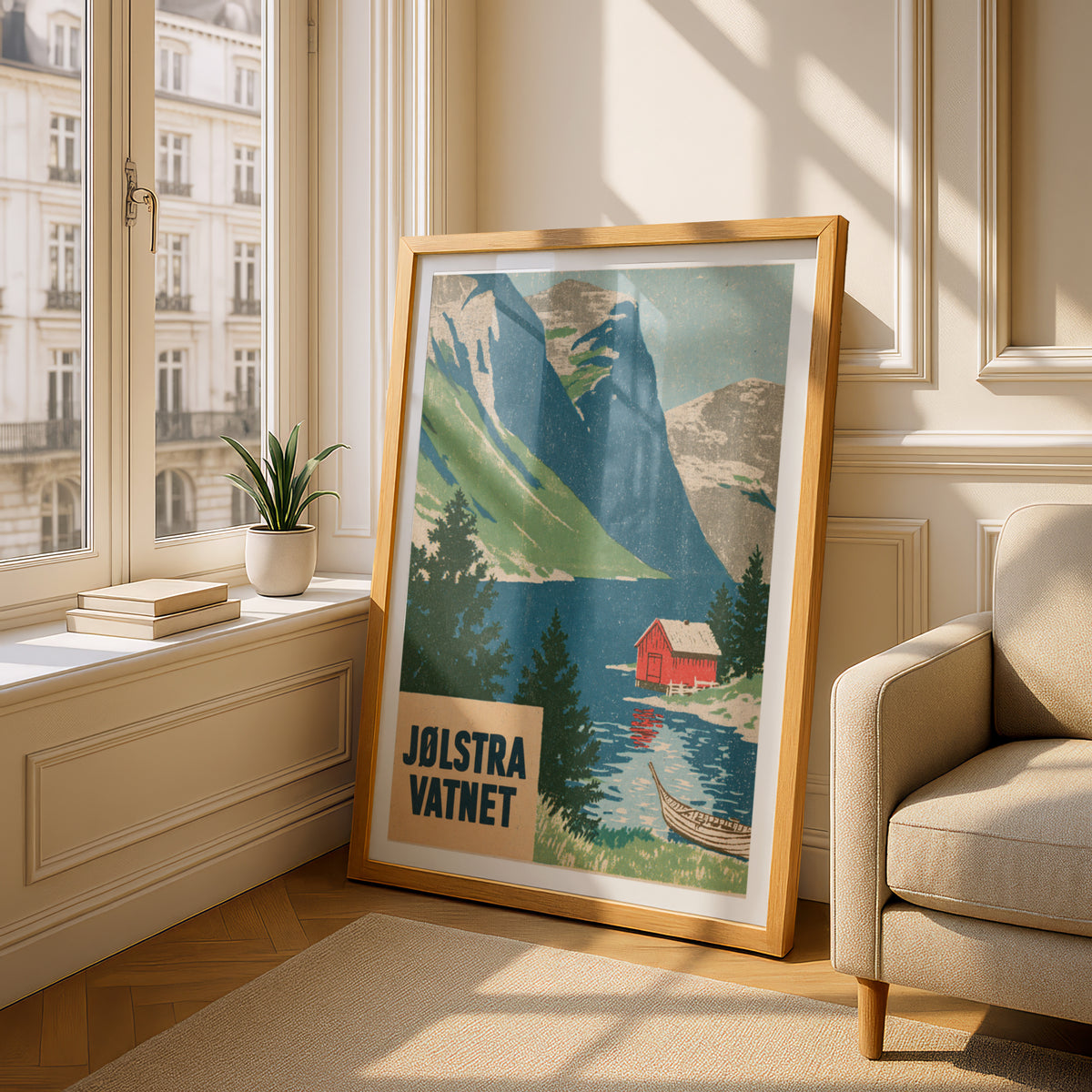 Retro Norway Fjord Poster, Jølstravatnet Lake Print, Vintage Travel Scandinavian Mountain Wall Art
