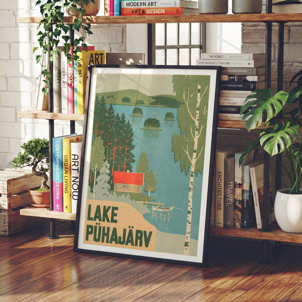 Retro Lake Puhajarv Estonia Print, Vintage Travel Poster, Birch Trees, Red Cabin Lakeside Wall Art