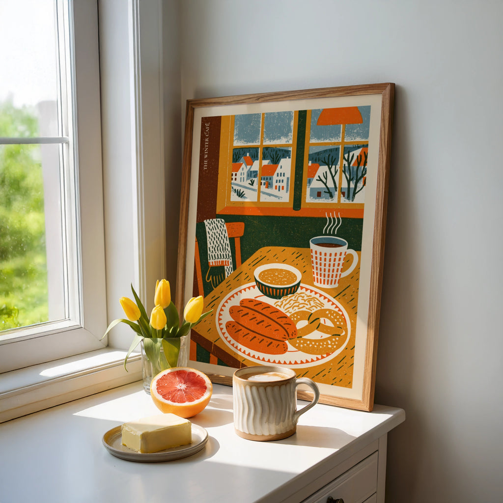 Vintage Food Poster Print, Winter Cafe, Rustic Kitchen Decor, Retro Mid Century Risograph Art