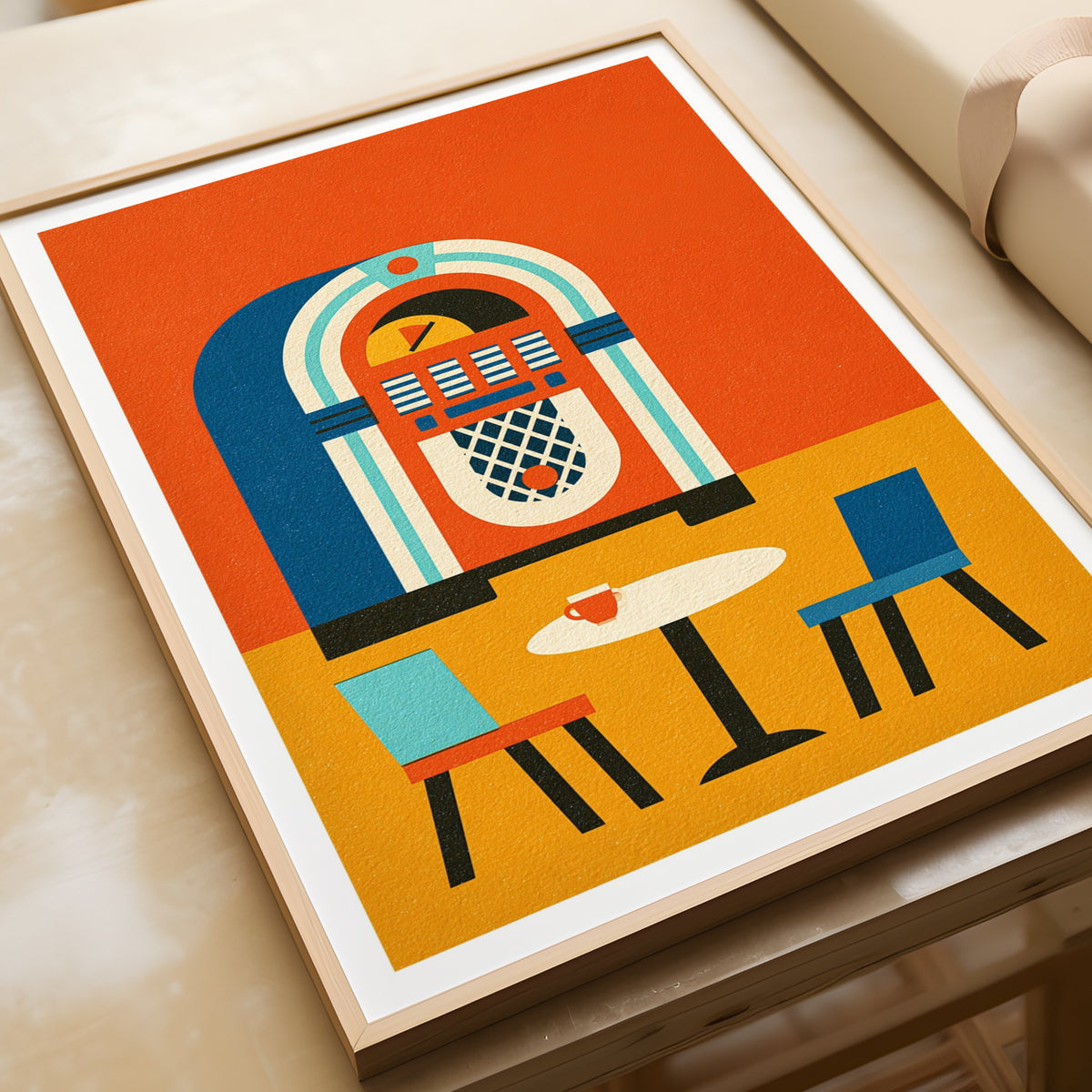 Retro Jukebox Poster, Vintage Diner Wall Art Print, 1950s Music Orange Blue Decor